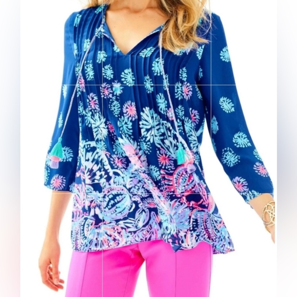 Lilly Pulitzer Marilina Pink and Blue Embellished 3/4 Sleeve Tunic Size XS sku20